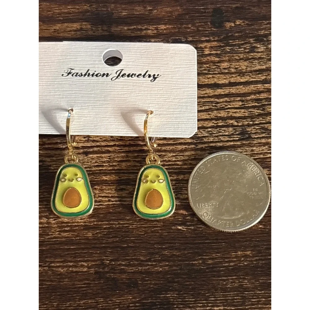 Kawaii Avocado Enamel Dangle Earrings Gold Tone Fruit Foodie Lever Back Hoops